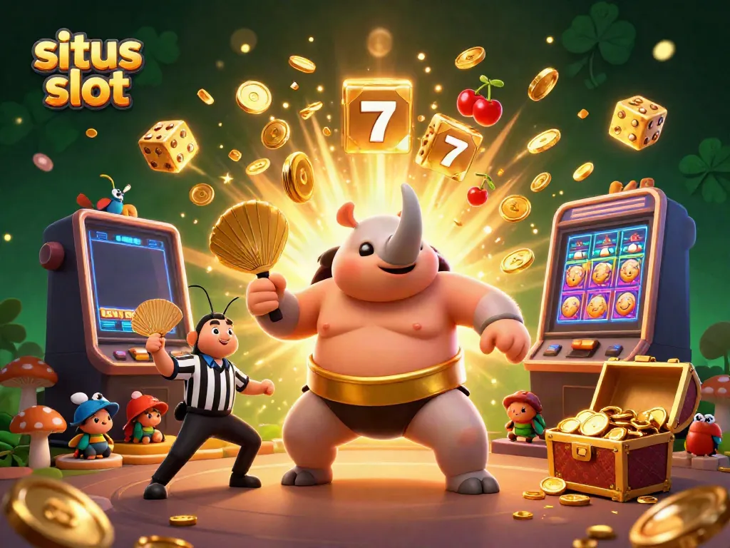 Situs slot scene with a rhinoceros beetle sumo champion winning, surrounded by slot machine excitement.
