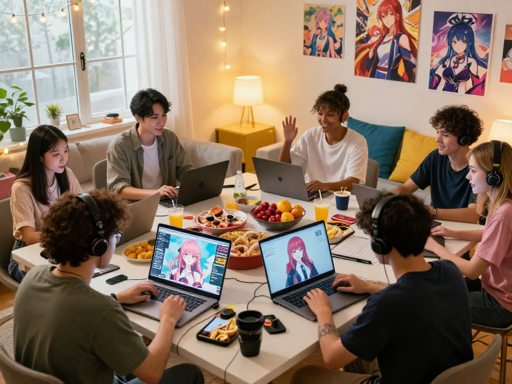 Engaging hentai chat scene with anime fans discussing characters in a cozy living room.
