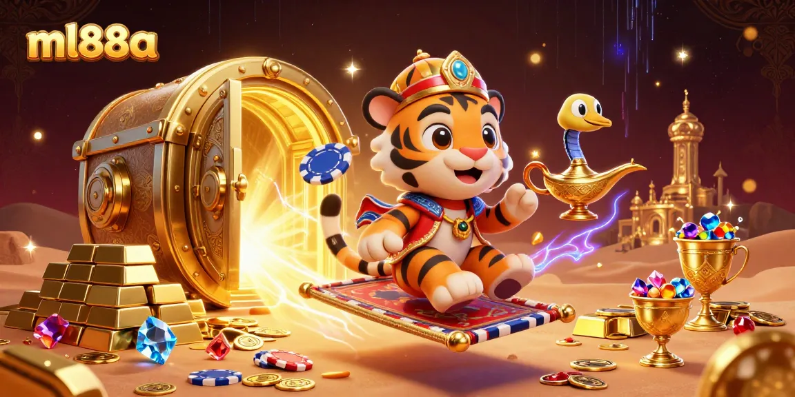 Experience the thrilling world of ml88a with a dynamic Arabian-themed casino scene full of treasures.