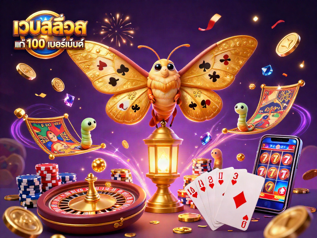 Engage with เว็บสล็อต แท้ 100 เปอร์เซ็นต์ through a vibrant 3D casino scene featuring an atlas moth and golden elements.