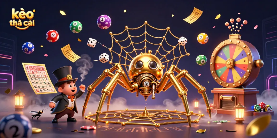 Engage with kèo nhà cái through a vibrant illustration of a golden spider, dynamic lottery balls, and mystical decor.