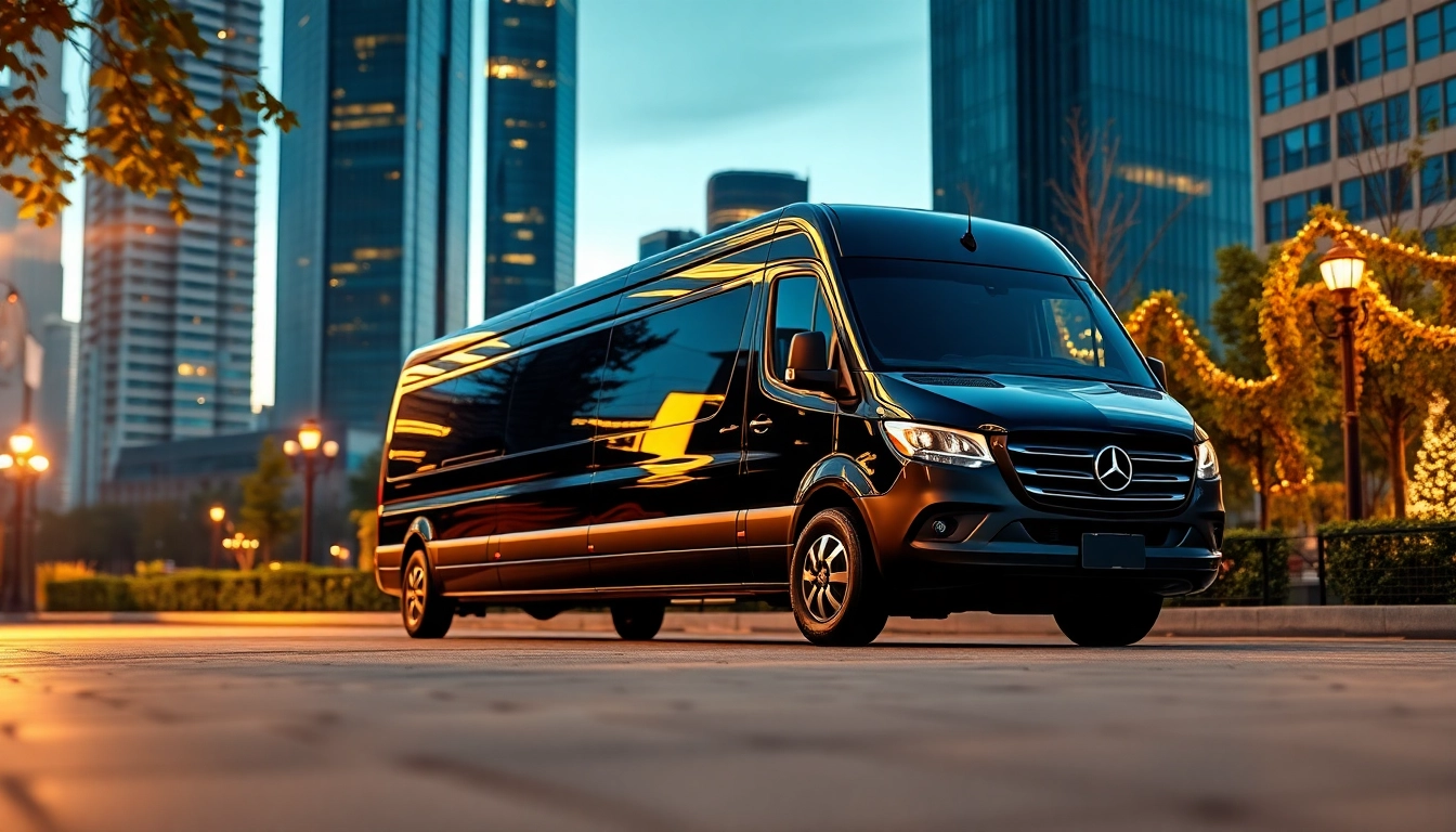 Experience elegance in a Mercedes Sprinter limo Rhode Island, parked in a stylish city setting.
