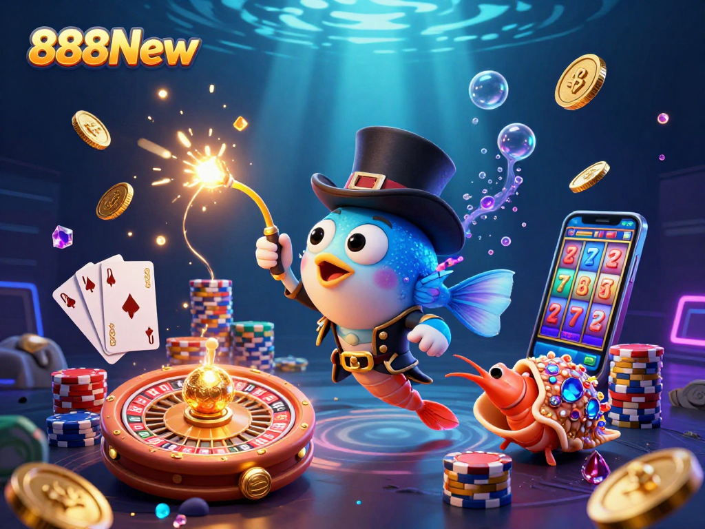 Win with 888New's thrilling deep-sea casino adventure featuring an anglerfish and pirate shrimp.