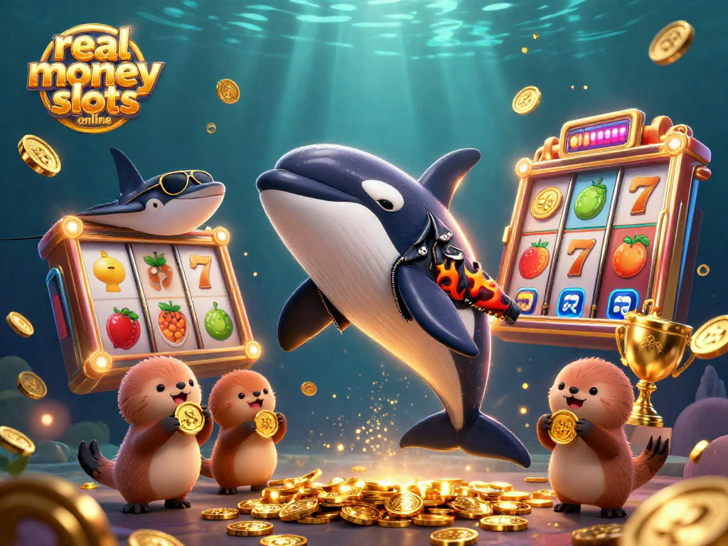 Play real money slots online with vibrant characters in a dynamic casino scene.