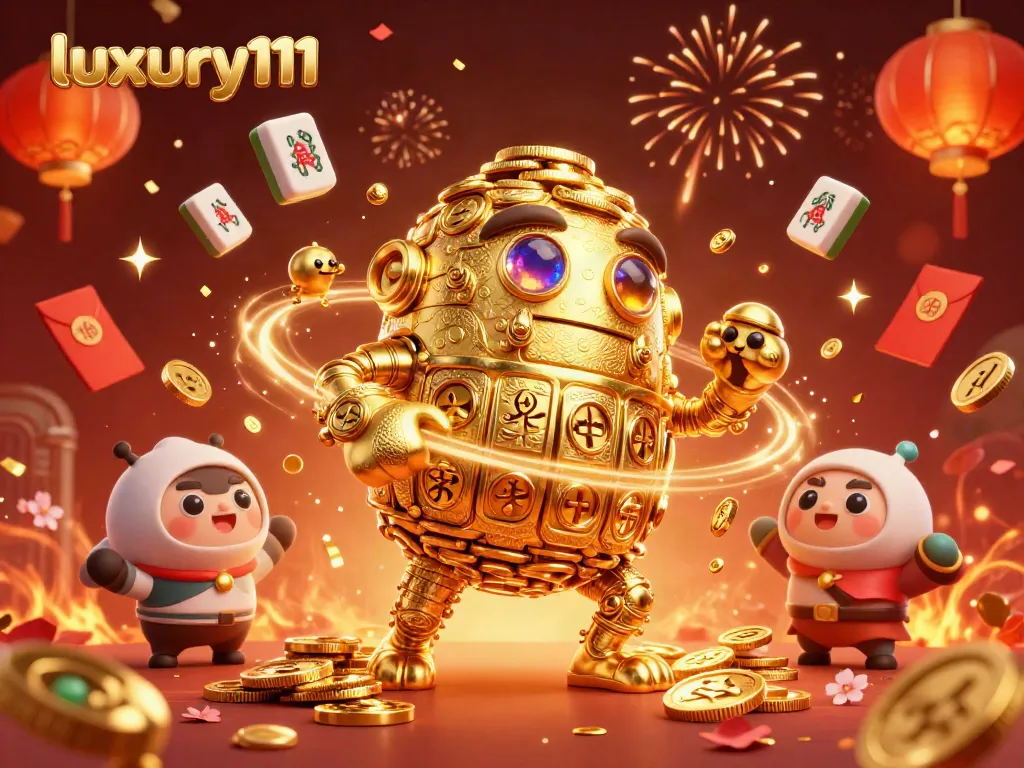 Experience exhilarating action at luxury111 with a dynamic illustrated scene featuring a golden golem and festive gaming elements.