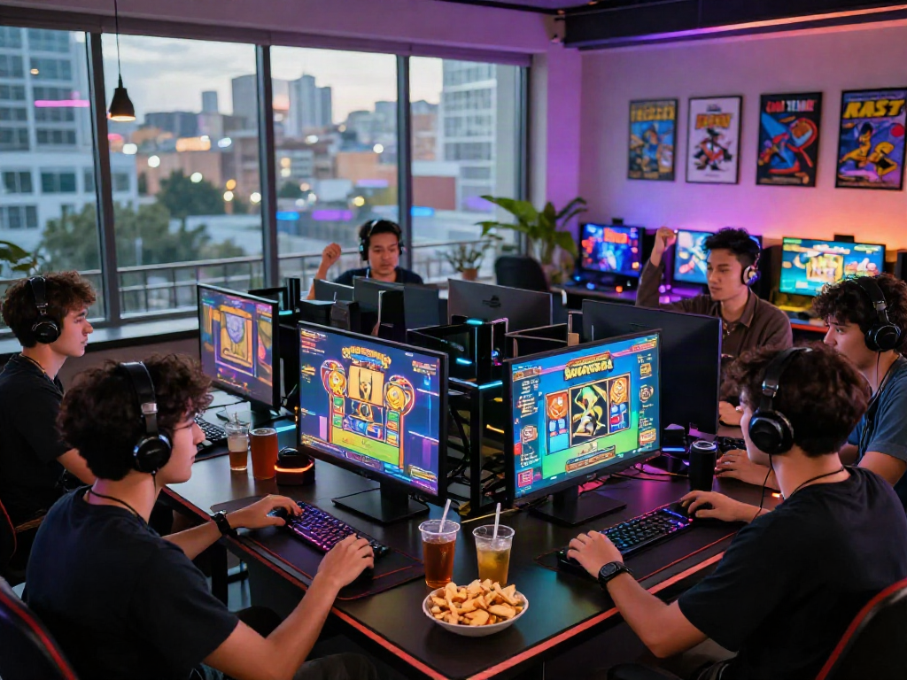 Exciting gaming night with friends playing slot gacor games in a vibrant urban setting.