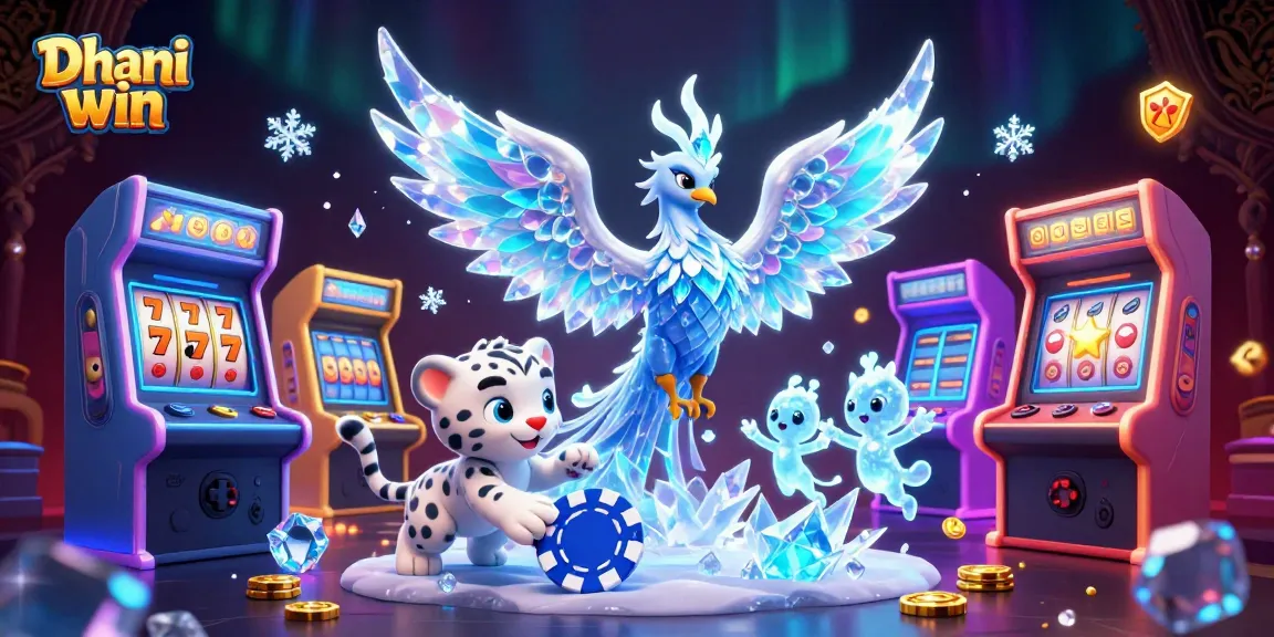 Experience thrilling gameplay with Dhani win's vibrant casino illustration showcasing ice phoenix and playful elements.