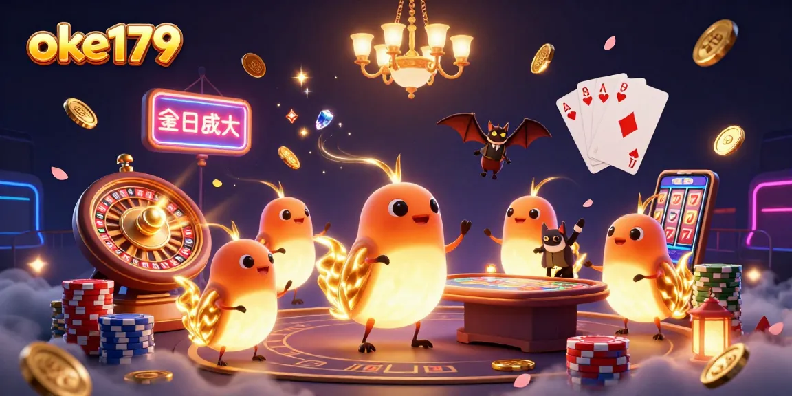 Experience thrilling excitement at oke179's illuminated cockfighting arena casino, featuring vibrant gaming elements.