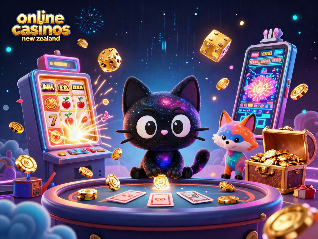 Engage in exciting online casinos new zealand with a cosmic casino scene featuring a black hole cat and colorful fox