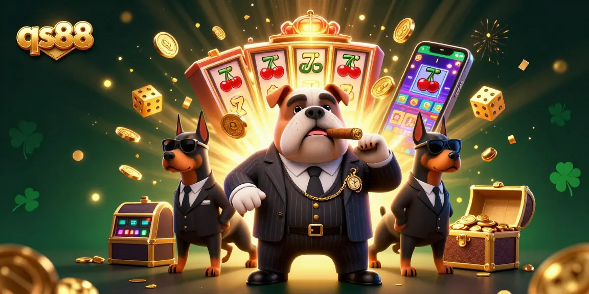 Experience the excitement of qs88 with a dynamic 3D illustration featuring a mafia bulldog and Doberman bodyguards surrounded by casino elements.