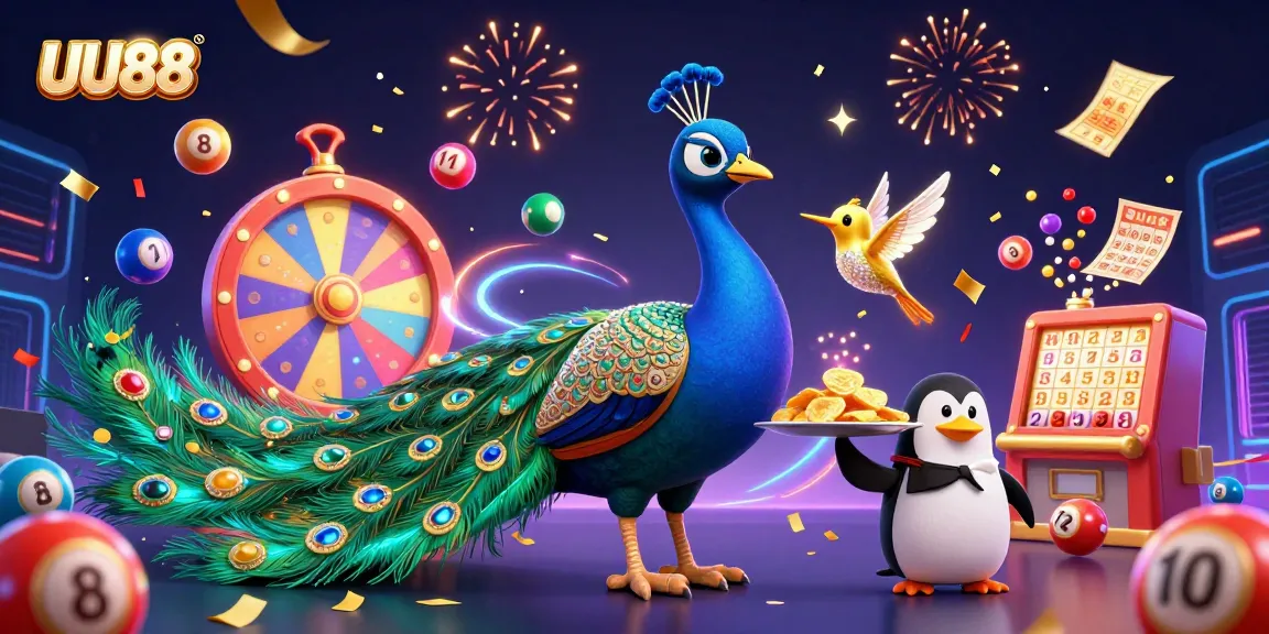 UU88 showcases a vibrant casino scene featuring a peacock, penguin, and hummingbird with dynamic gaming elements.
