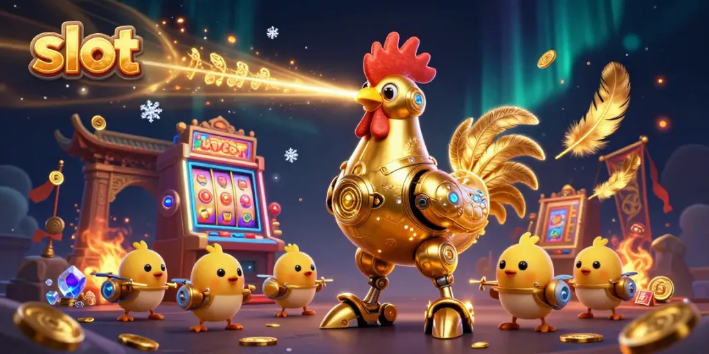 Menggulung simbol slot dengan robot ayam emas dan drone anak ayam, penuh ornamen kasino.
