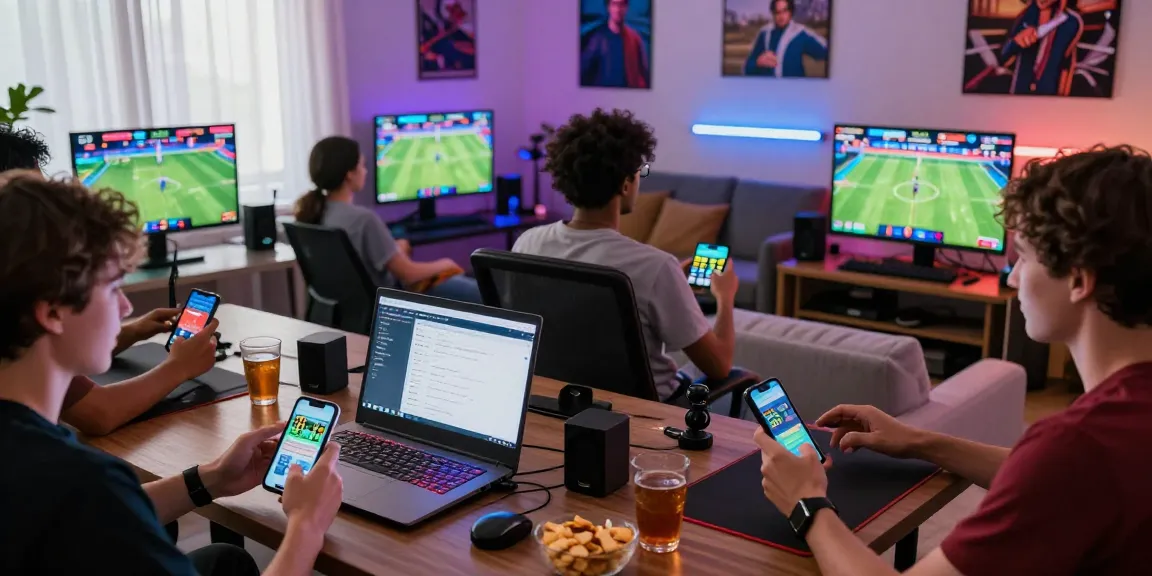 Engaged friends betting on sports at Bola88 with digital devices and vibrant atmosphere