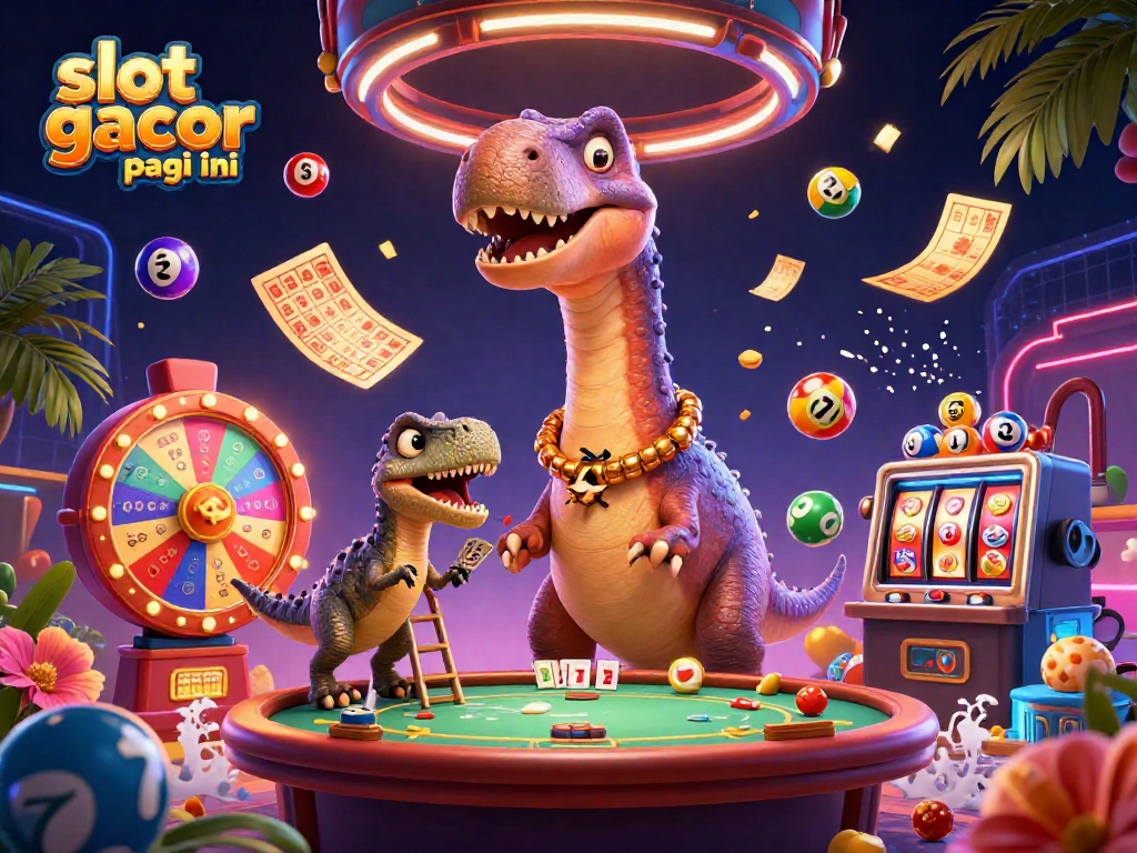 Experience thrilling slot gacor pagi ini with playful cartoon characters amidst vibrant casino elements.