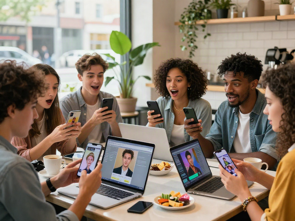Discovering celebrity look-alikes in a vibrant urban coffee shop setting with friends using a celebrity i look like app.