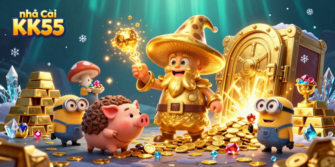 Experience the magic at nhà cái KK55 with treasures overflowing in an enchanting casino scene.
