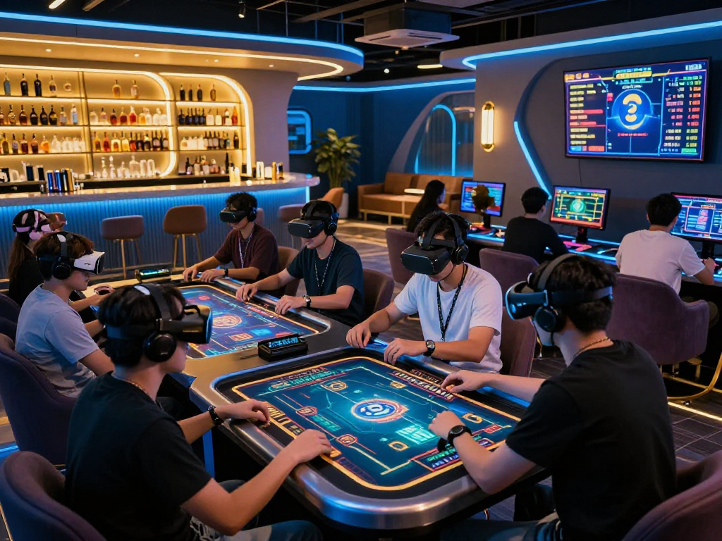 Crypto casino gamers enjoying immersive digital experiences with neon lights.