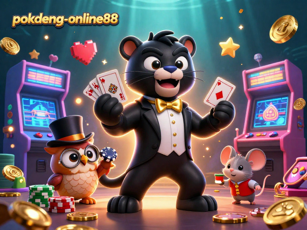 Engage in thrilling games at pokdeng-online88, watching a stylish black panther dealer amidst vibrant casino elements.