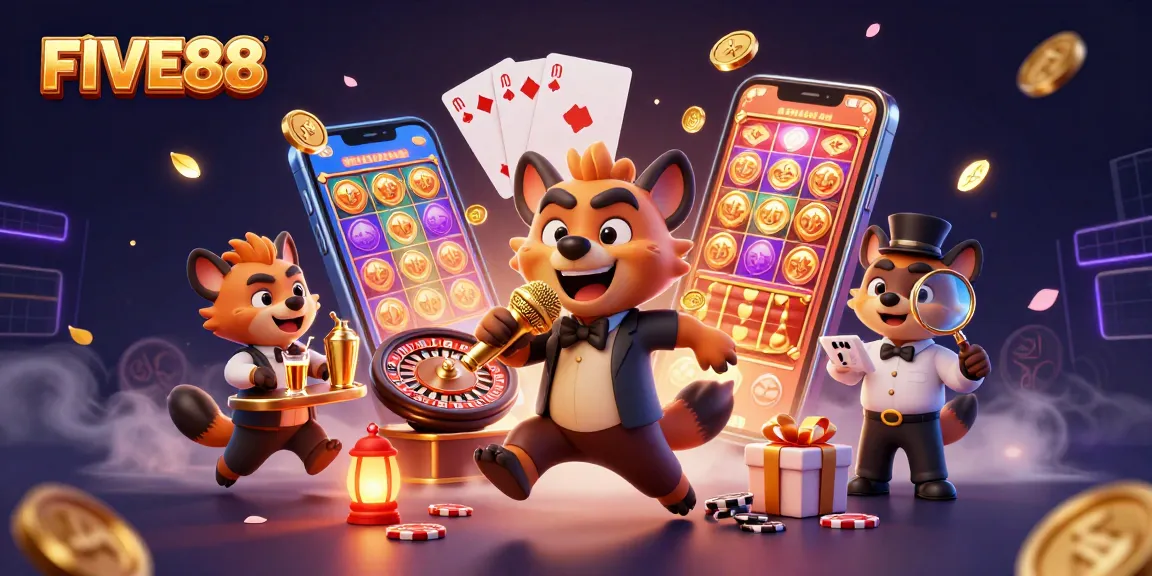 Engage with FIVE88's vibrant casino scene featuring hyenas in action, combining comedy and gaming