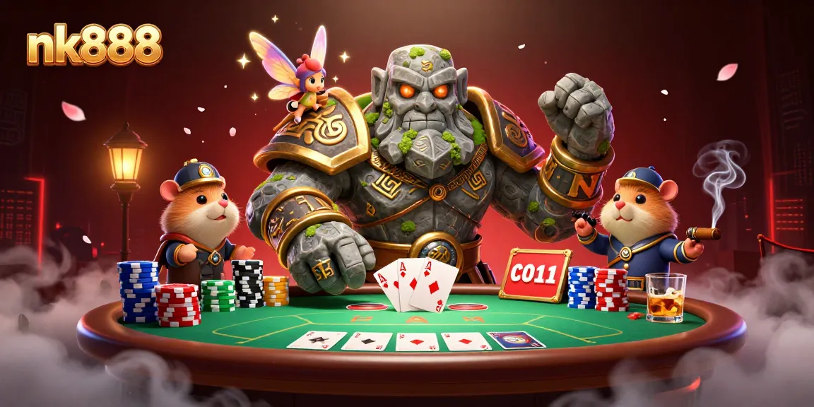 Win big with NK888's vibrant casino scene featuring magical golems and poker elements.