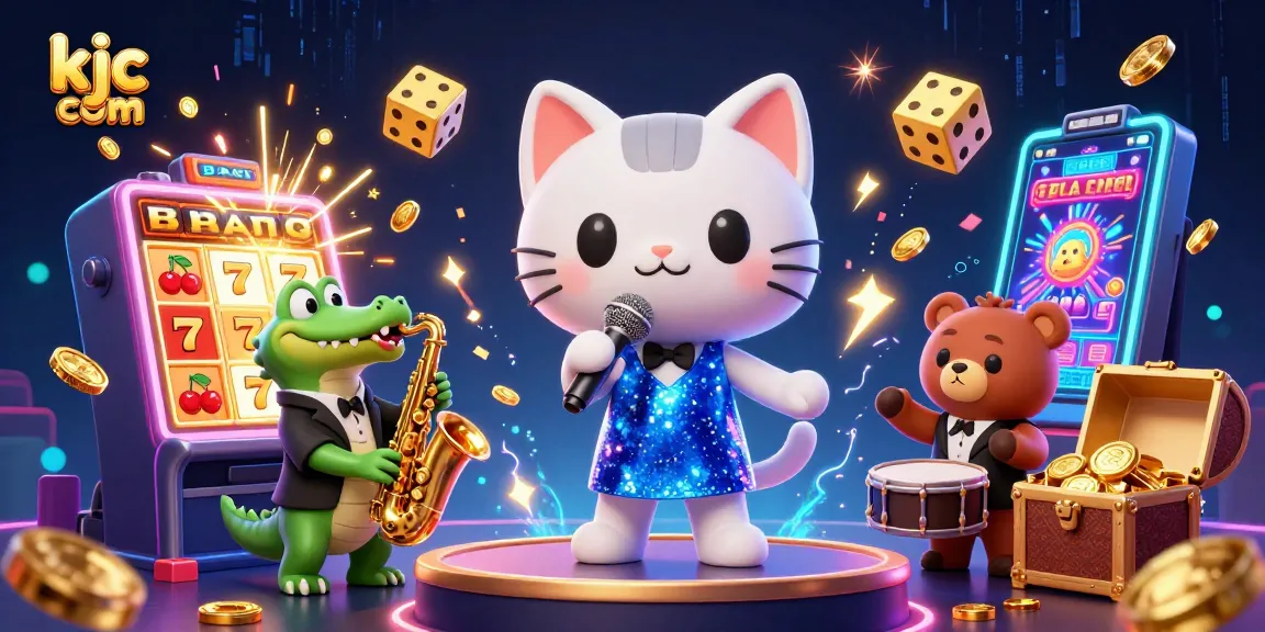 Experience excitement at kjc com with a vibrant 3D casino illustration featuring lively characters and game elements.