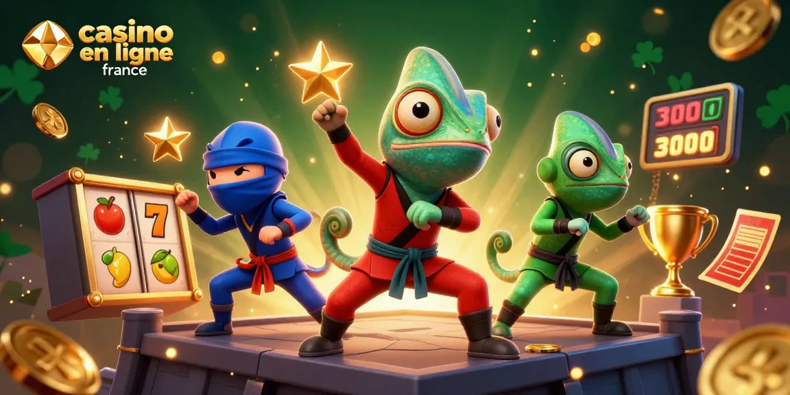 Visuel dynamique de casino en ligne France avec des ninjas et des éléments de machine à sous.