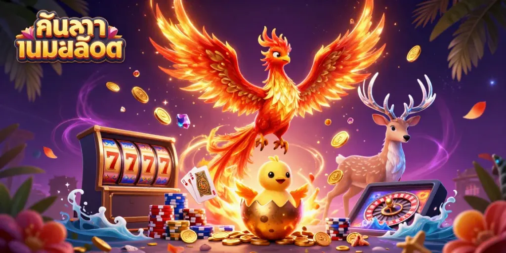 Experience the excitement of ค้นหาเกมสล็อต with dynamic 3D visuals of a fire phoenix and casino elements.