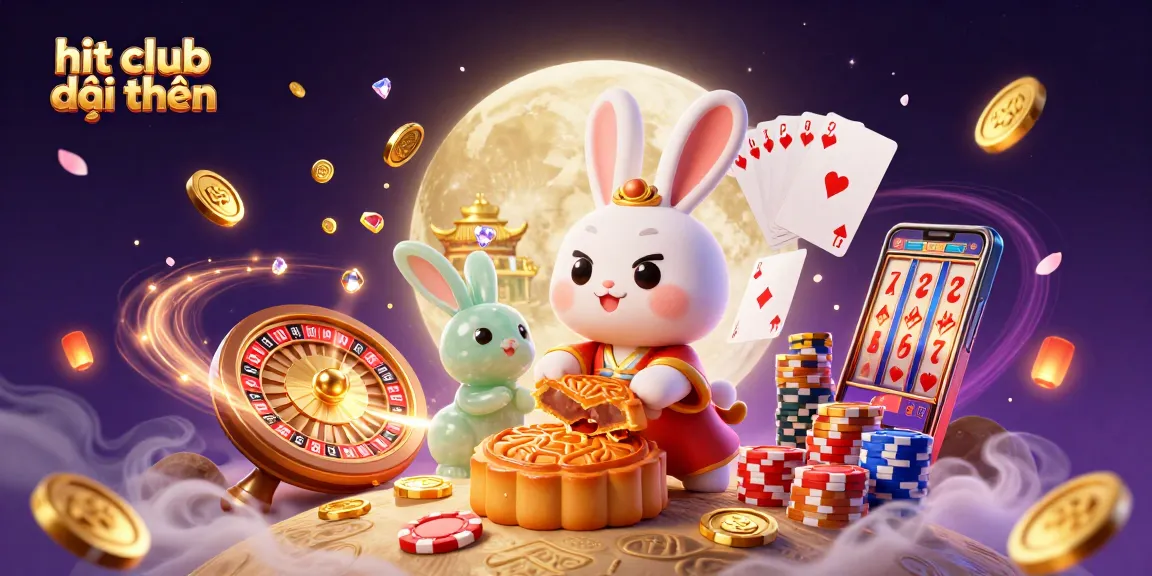 Win big at hit club đổi thưởng, featuring a moon rabbit gambling on poker chips and golden coins.