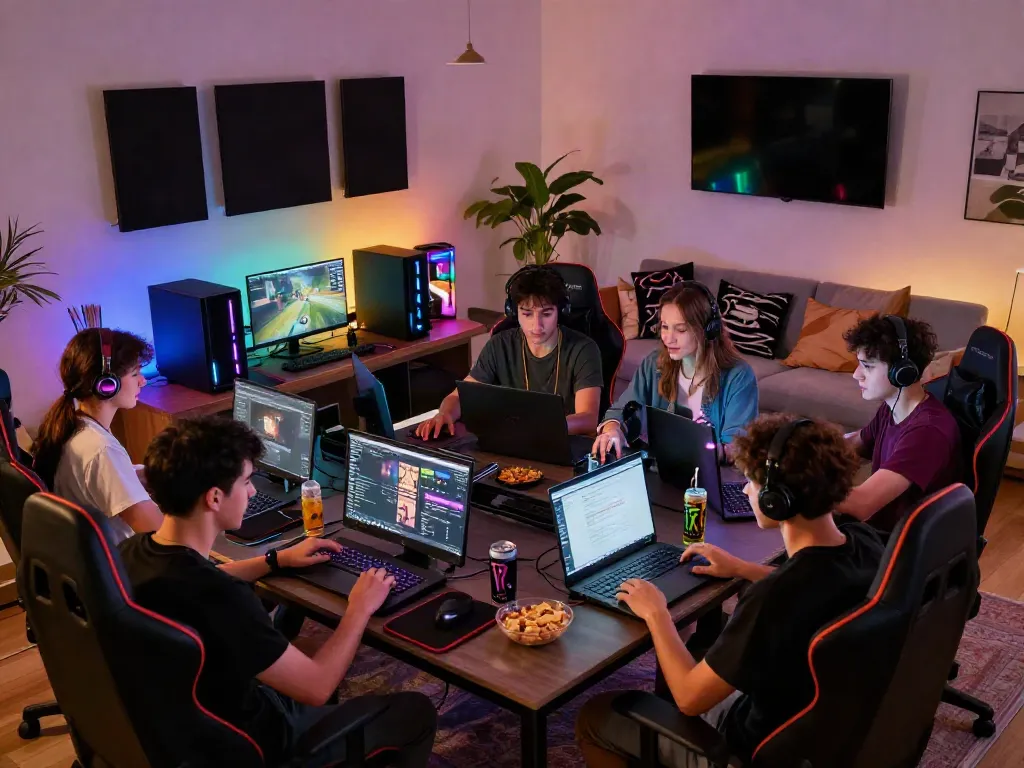 Friends engaging in situs gacor gaming session in a vibrant living room.