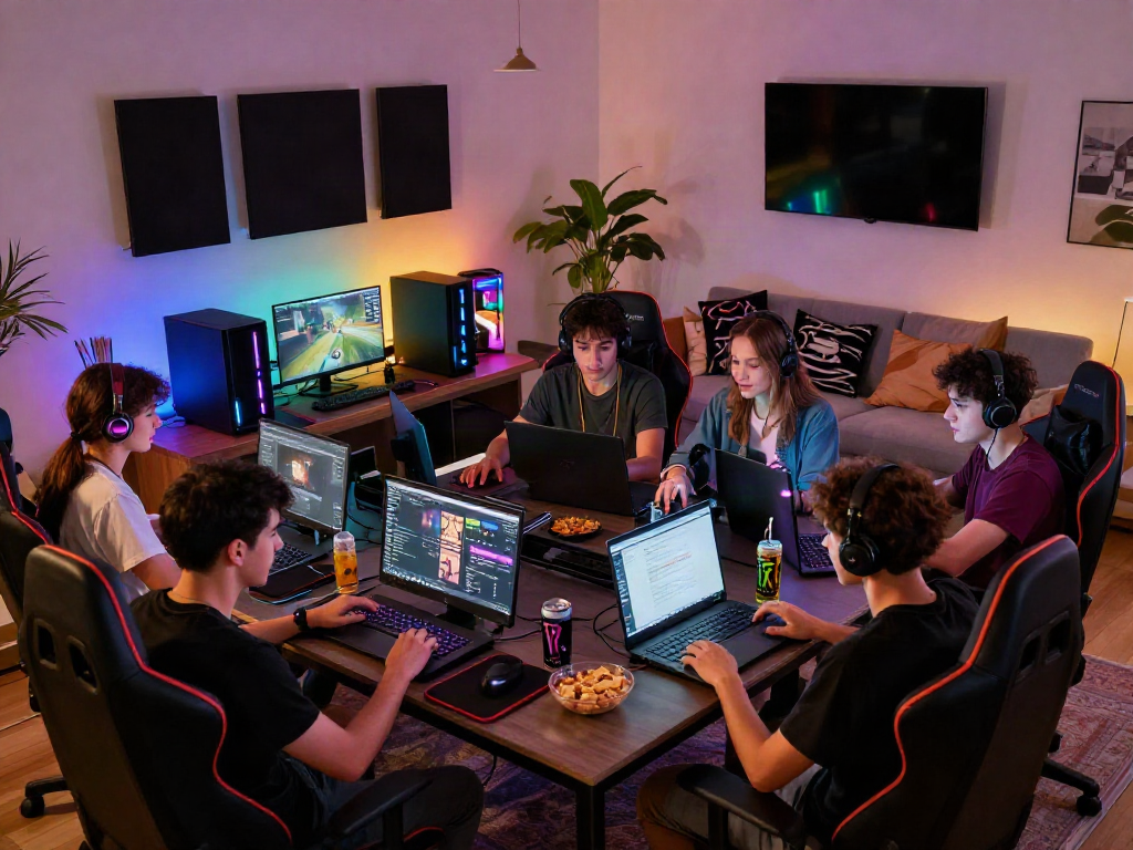 Friends engaging in situs gacor gaming session in a vibrant living room.