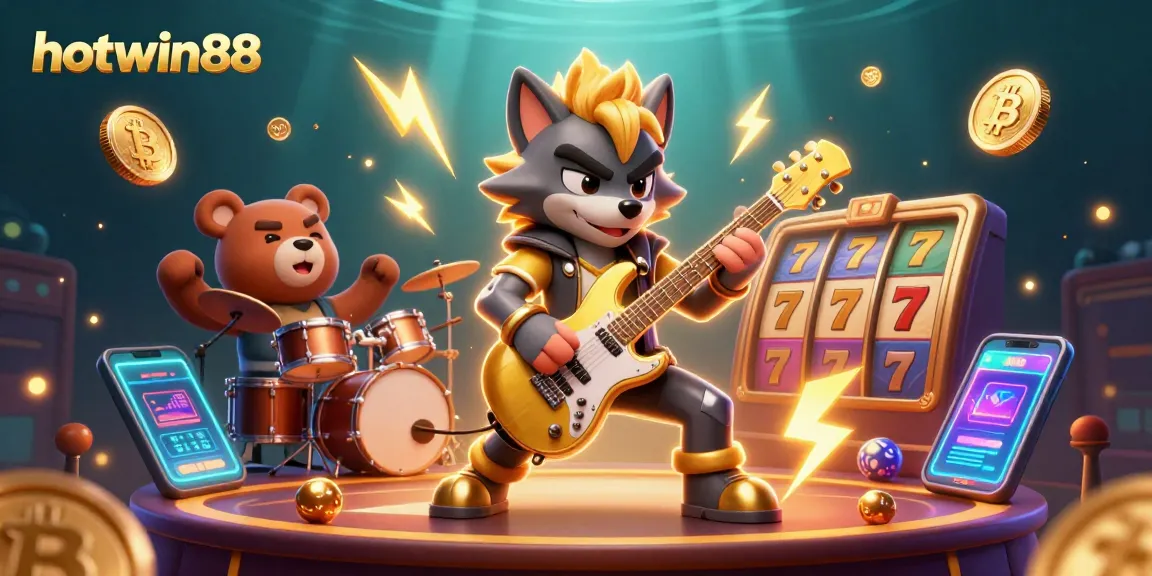 Experience thrilling slots gameplay on hotwin88 with rock star characters, vibrant coins, and dynamic casino elements!