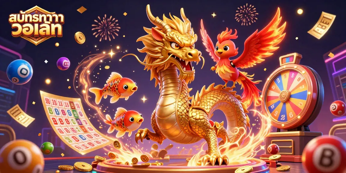 Experience สมัครบาคาร่า วอเลท with vibrant 3D illustration featuring a golden dragon, phoenix, and koi fish amidst dynamic gambling elements.