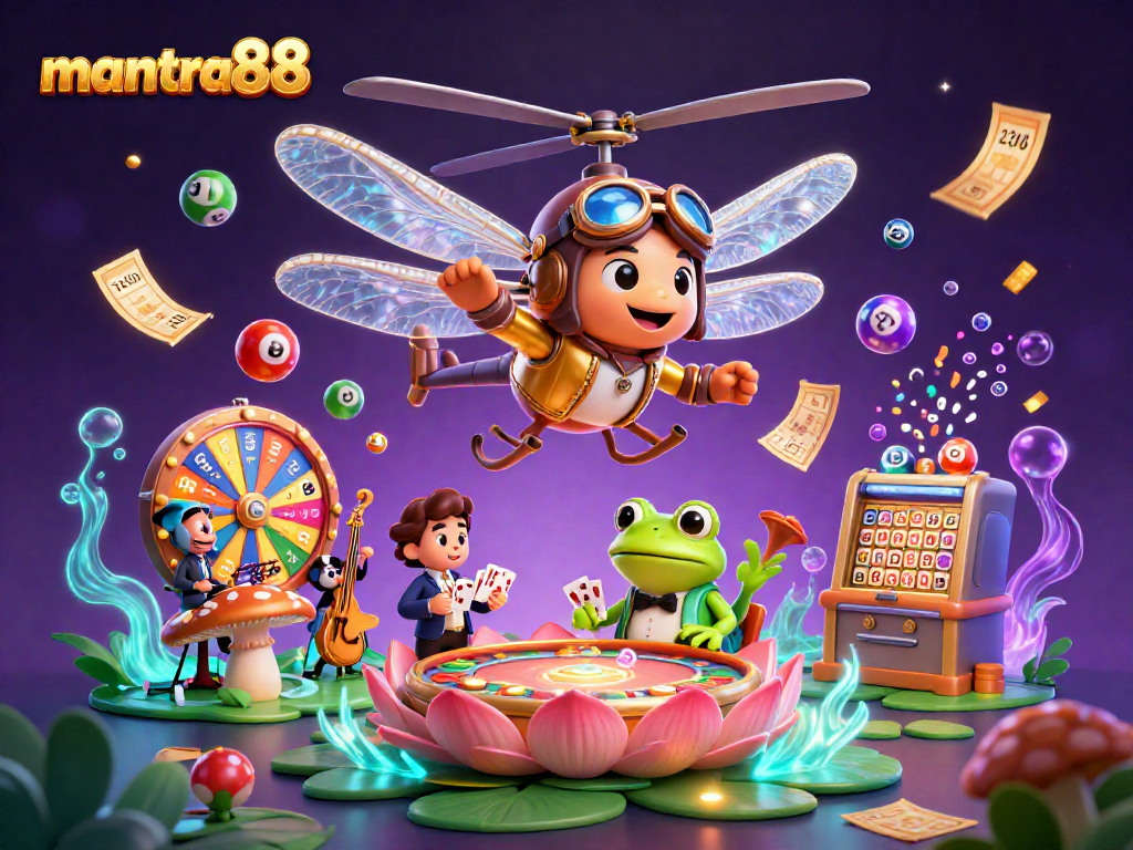 mantra88 showcases a vibrant casino scene with a dragonfly pilot and a frog croupier.