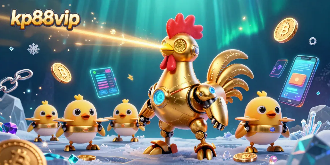 Engage with kp88vip's exciting gaming scene featuring a golden rooster robot amidst neon crypto elements.