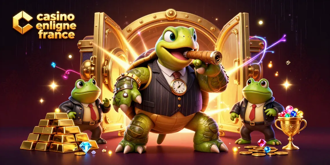 Casino en ligne France : scène festive avec tortue massive et grenouilles sur fond de casino