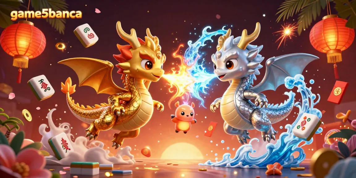 Experience thrilling action in game5banca with mythical dragons battling in a vibrant casino scene.